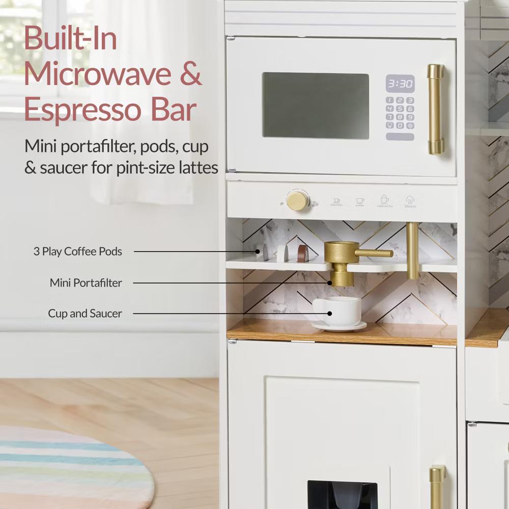 Deluxe Wooden Pretend Play Kitchen with Island and Espresso Machine - White - Image 15