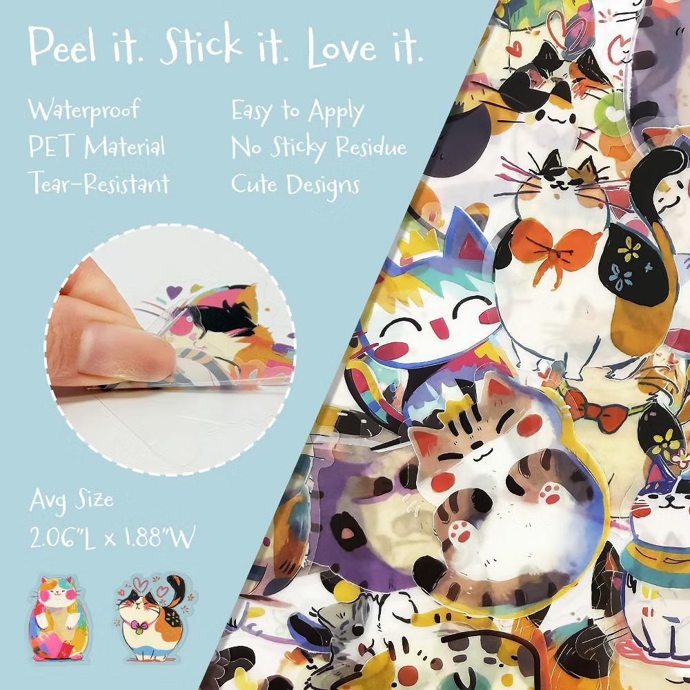 Waterproof Transparent PET Stickers for Water Bottles, Laptop, Phones, Skateboards, Decals for Teens, 100pcs, Curious Cats