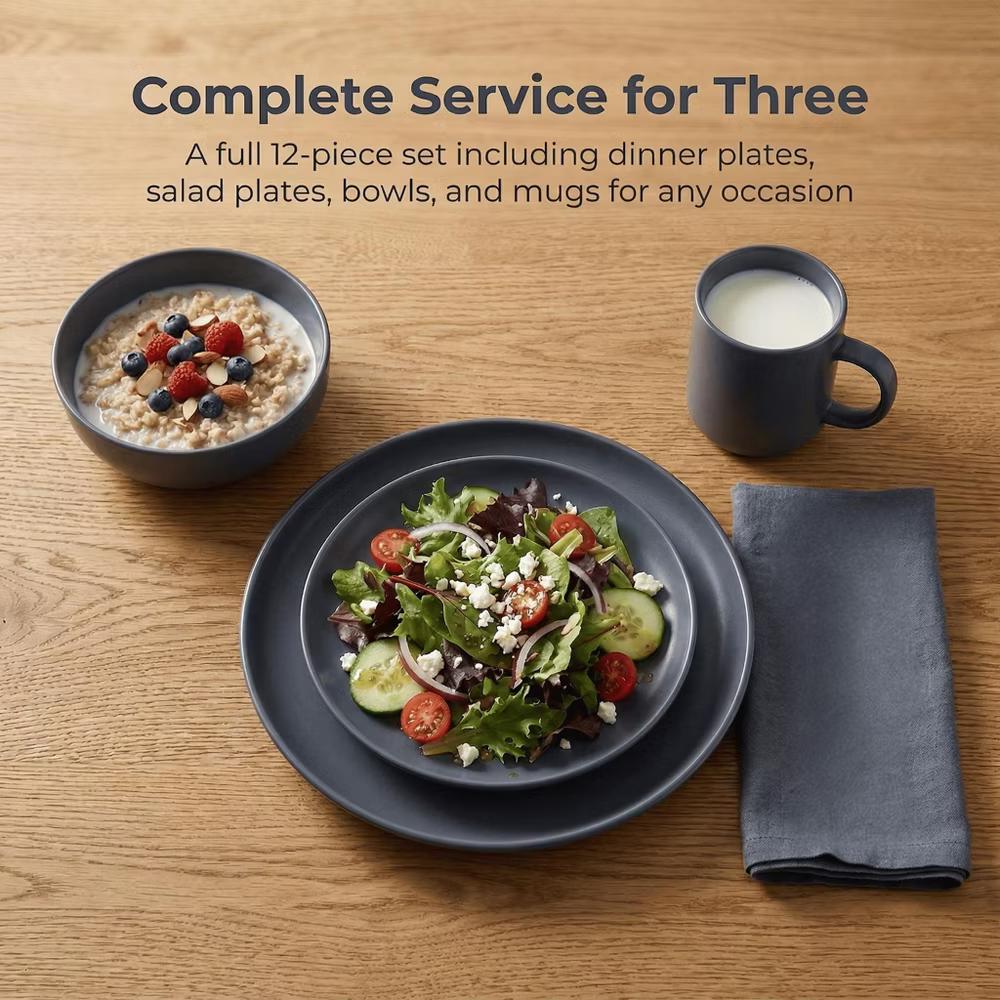 12-Piece Stoneware Dinnerware Set with Mugs, Microwave & Dishwasher Safe, Non-Toxic Dish Set, Plate Set, Stackable Matte Glaze Kitchenware for 3 - Image 14
