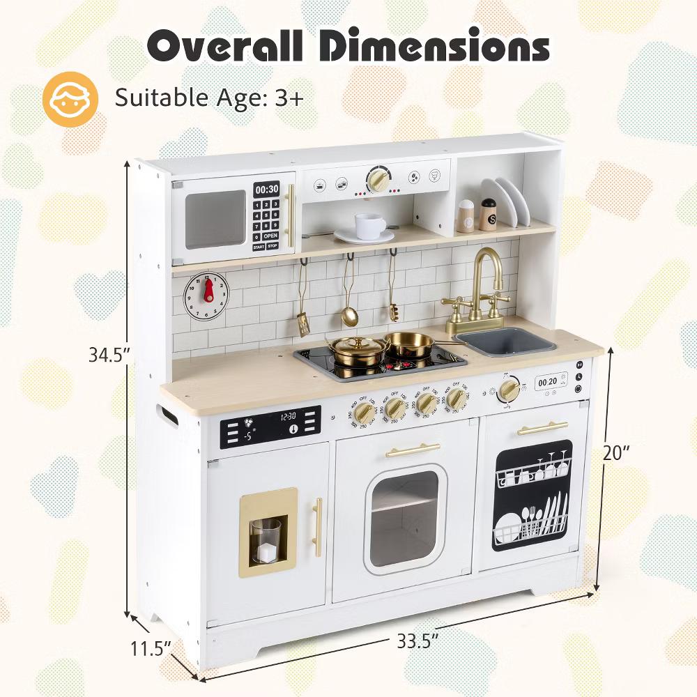 Play Kitchen for Kids, Wooden Kitchen Playset with Realistic Lights & Sounds White/Black - Image 17