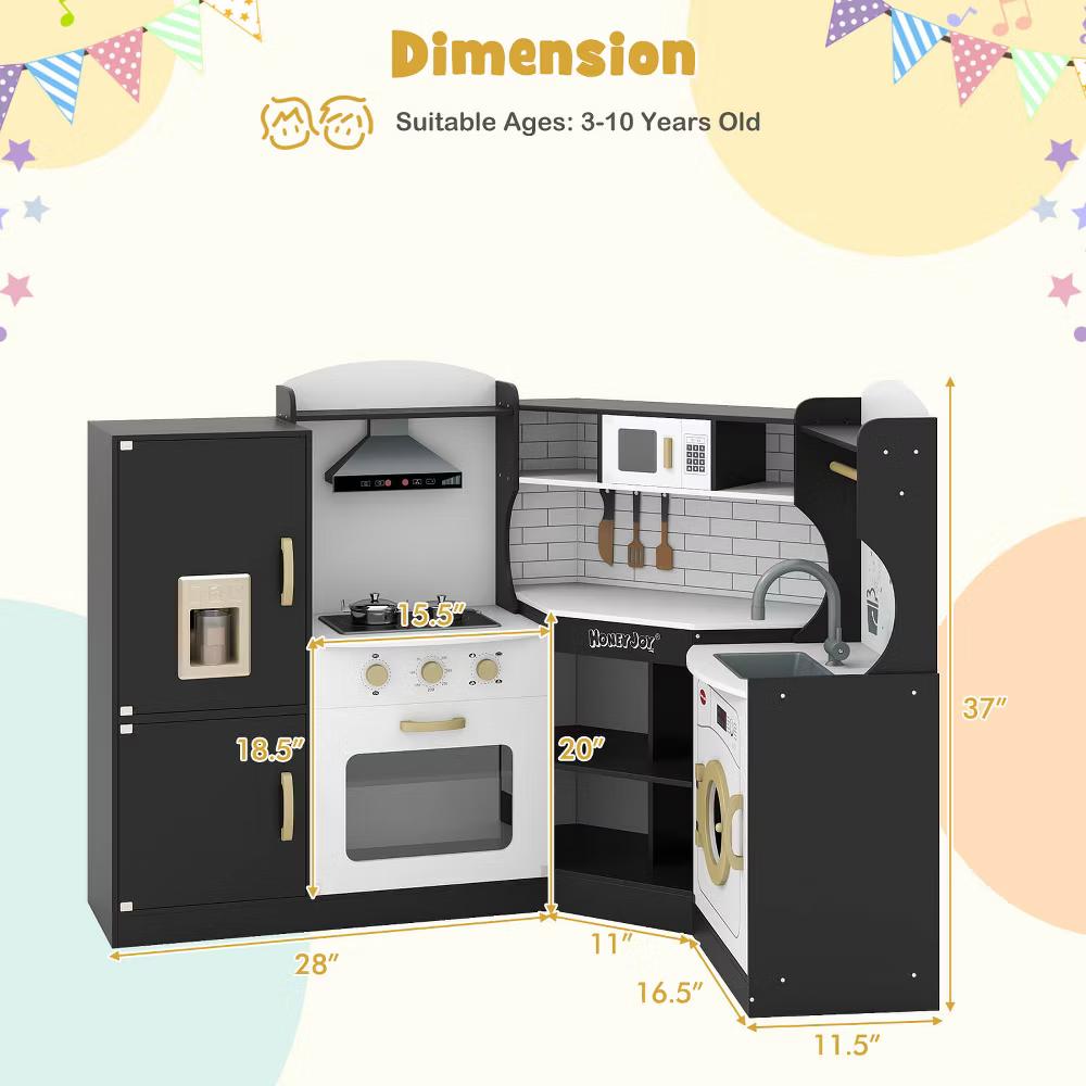 Corner Play Kitchen Toddler Kitchen Playset with Range Hood, Ice Maker, Microwave White/Pink - Image 7