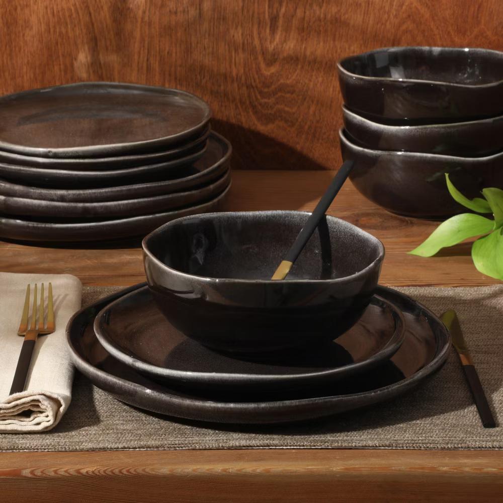 Soho Lounge Nardini 12 Piece (Service for 4) Plates and Bowls Reactive Glaze Dishes Stoneware Ceramic Dinnerware Set - Black and Blue - Image 8