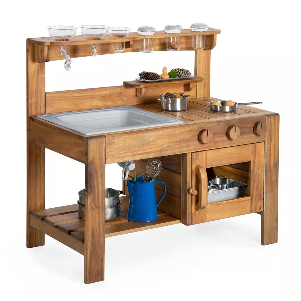 Guidecraft Acadia Kids' Outdoor Mud Kitchen Playset - Pretend Play Kitchen with Sink, Stove, and Accessories | Wooden Backyard Playset - Image 8