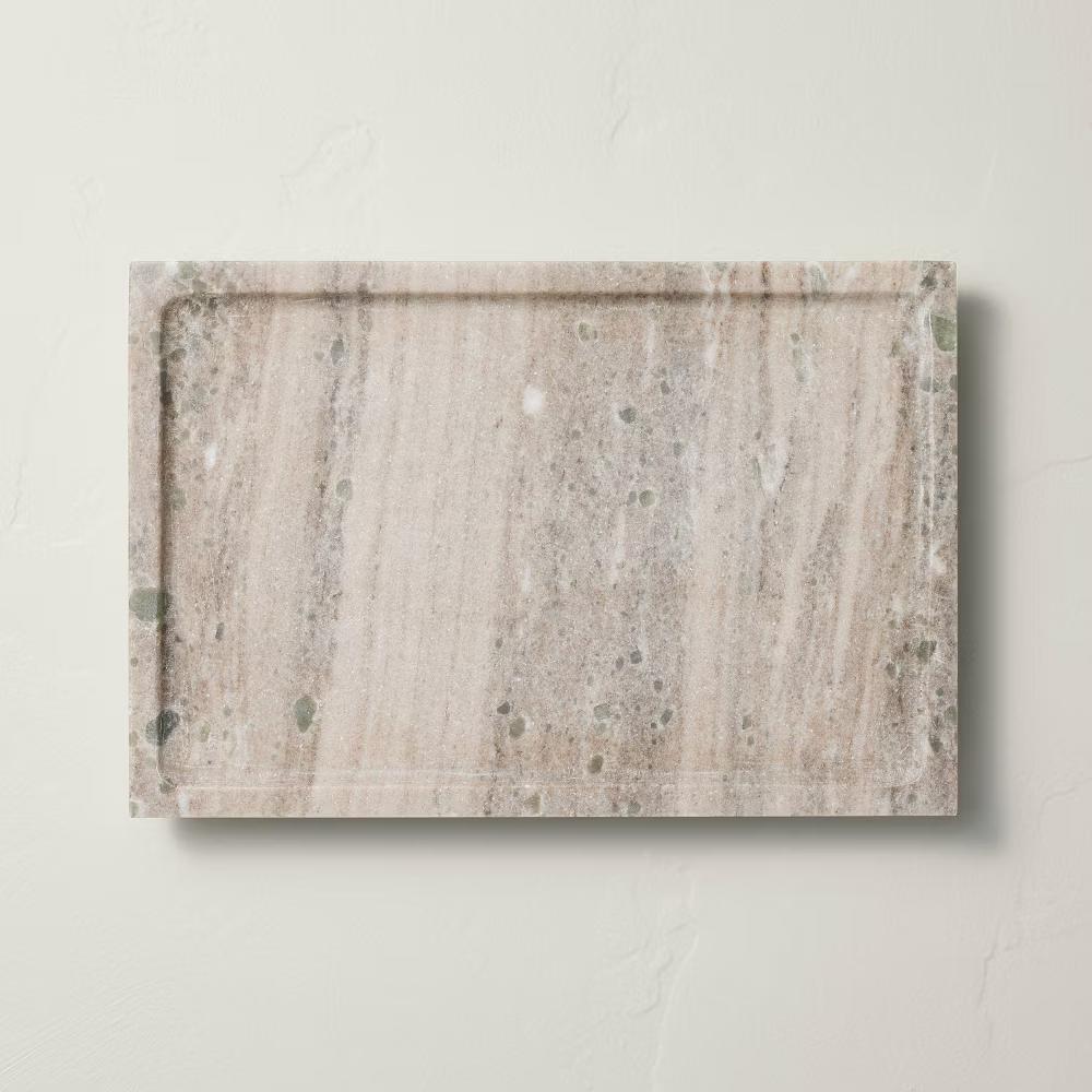8"x12" Footed Marble Countertop Tray Warm Beige - with Magnolia: Acacia Wood Base, Rectangular Shape - Image 2