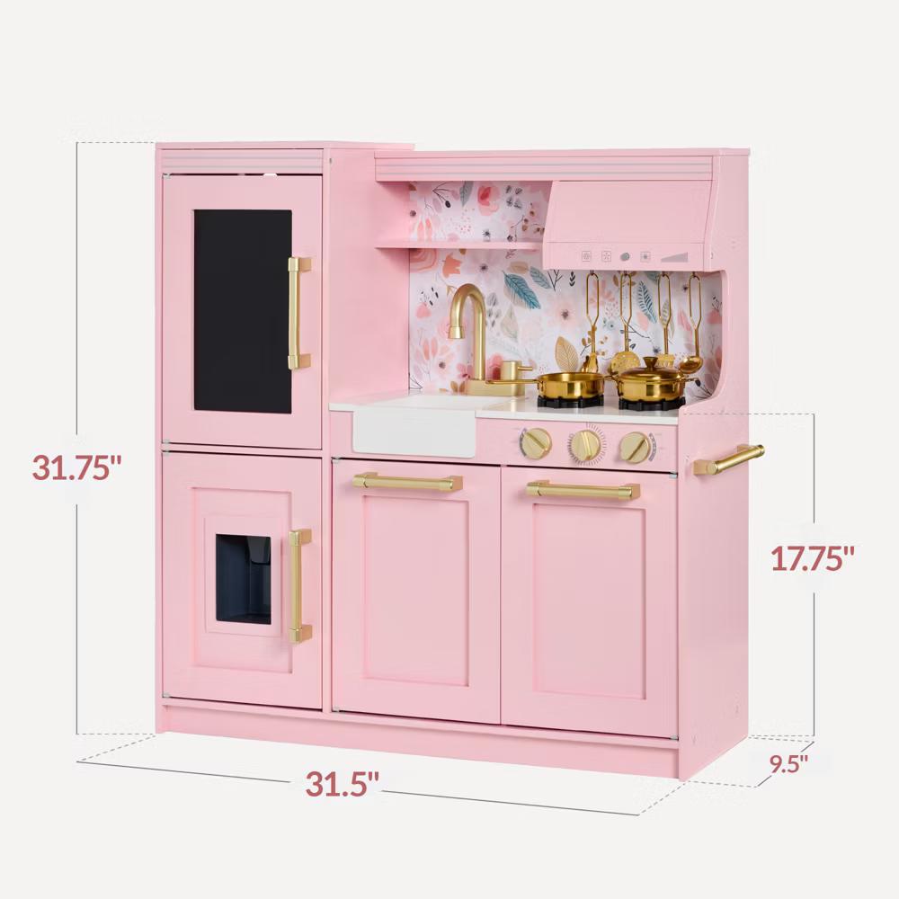Pretend Play Kitchen with Framed Chalkboard - Pink with Flower Drawing - Image 5