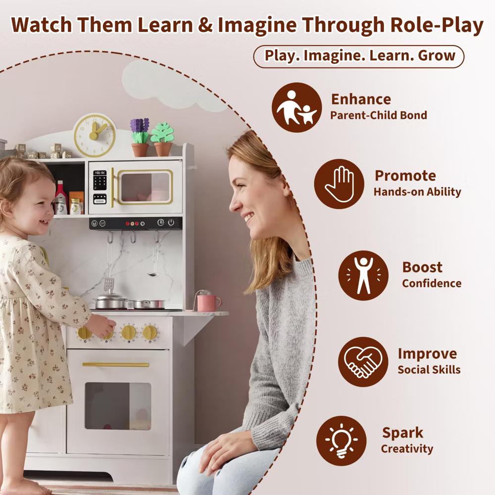 Play Kitchen, Wooden Kids Play Kitchen Playset Pretend Cooking Toy Set with Food & Cookware Accessories, Toddler Kitchen Playset for Ages 3+ - Image 3