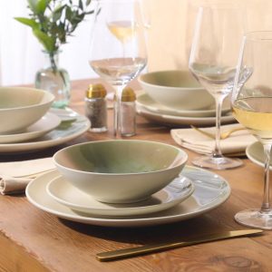 Crescenton Plates and Bowls Sets, 12-Piece Stoneware Dinnerware Sets, Round Reactive Glaze Dish Set, Service for 4