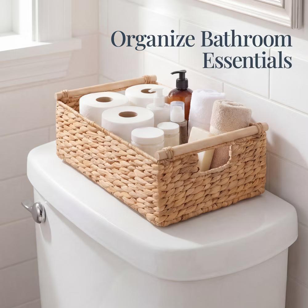Wicker Storage Basket, Shelf Basket w/ Wooden Handles, Rectangular Storage Bin - Natural - Image 15