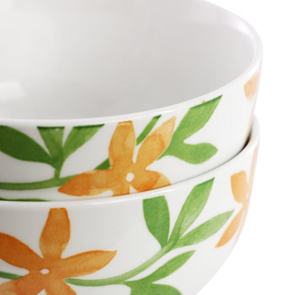 Floral 2 Piece Fine Ceramic Cereal Bowl Set in Orange - Image 5