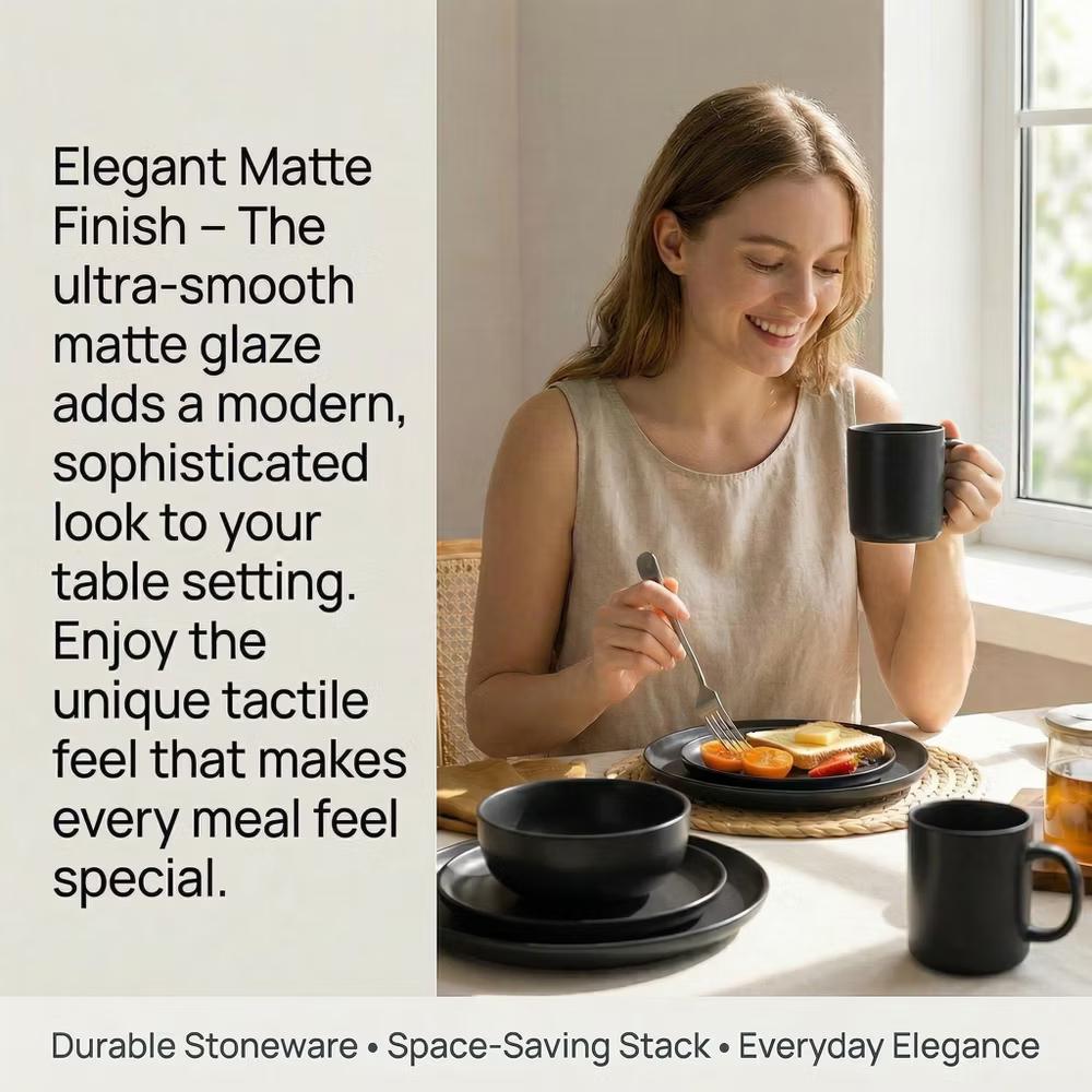 12-Piece Stoneware Dinnerware Set with Mugs, Microwave & Dishwasher Safe, Non-Toxic Dish Set, Plate Set, Stackable Matte Glaze Kitchenware for 3 - Image 4