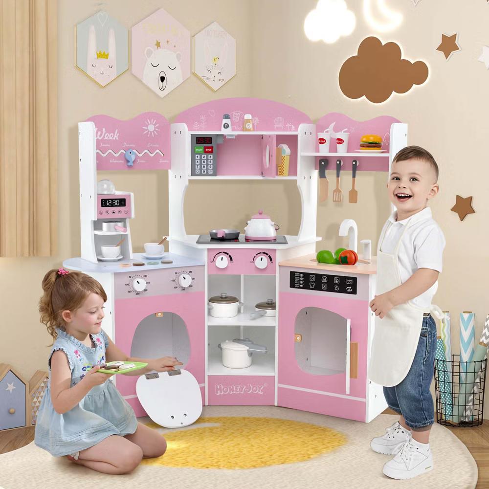 Corner Kitchen Playset with Coffee Machine Oven Microwave Washing Machine White/Brown/Pink - Image 12
