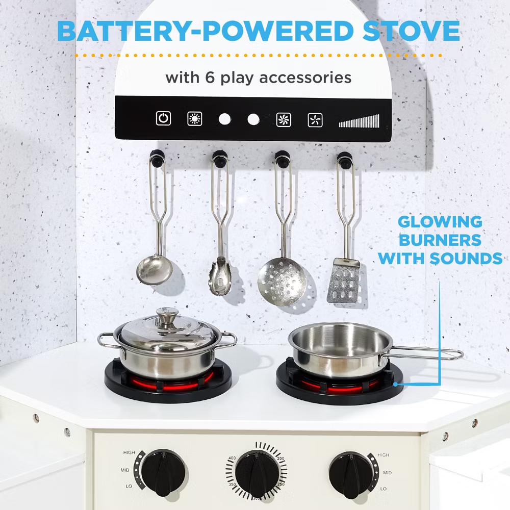 Pretend Play Corner Kitchen, Interactive Wooden Kids Set w/ Lights & Sounds - White - Image 32