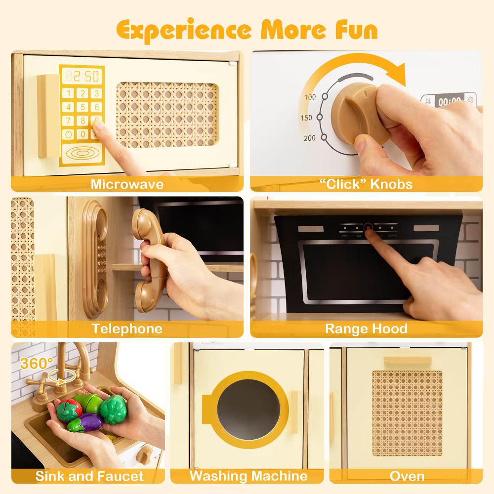 Wooden Kids Kitchen Playset Pretend Play Kitchen with Real Sounds Lights Pink/Yellow - Image 19