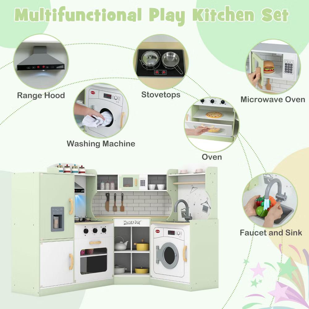 Corner Play Kitchen Toddler Kitchen Playset with Range Hood, Ice Maker, Microwave White/Pink - Image 12