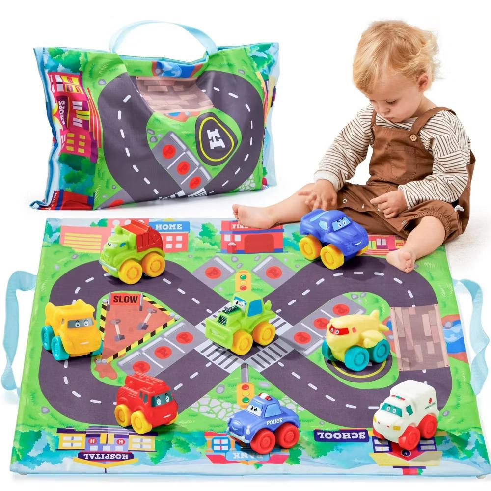 8 PCS Rubber Cartoon Cars with Play Mat, Mini Bath Toy Car for Toddlers, Boy Toys Birthday Gift, Party Favors for Kids Toddlers 2 3+ Year Old - Image 4