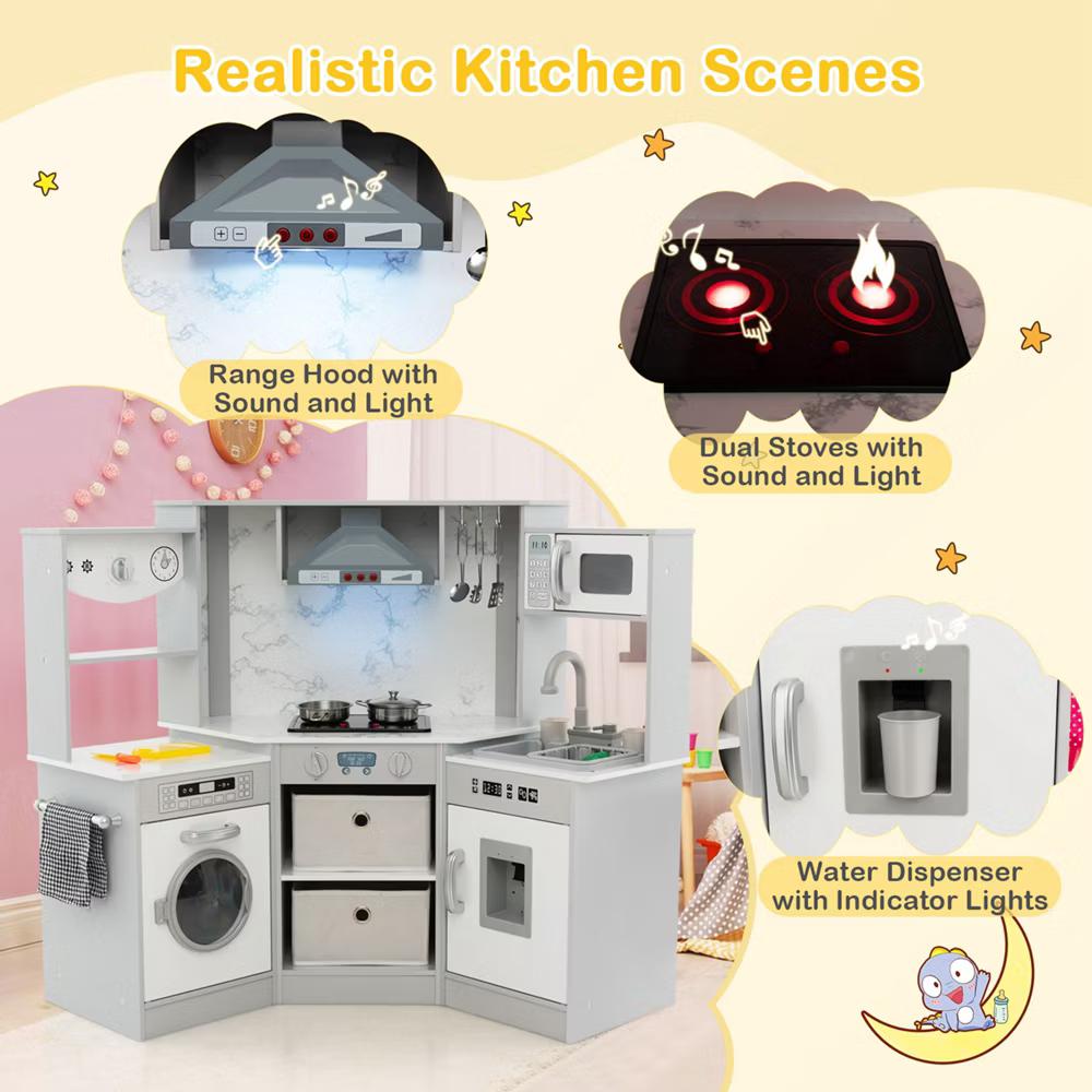 Wooden Kids Play Corner Kitchen with Realistic Lights & Sounds Lighted Range Hood Brown/Grey - Image 18