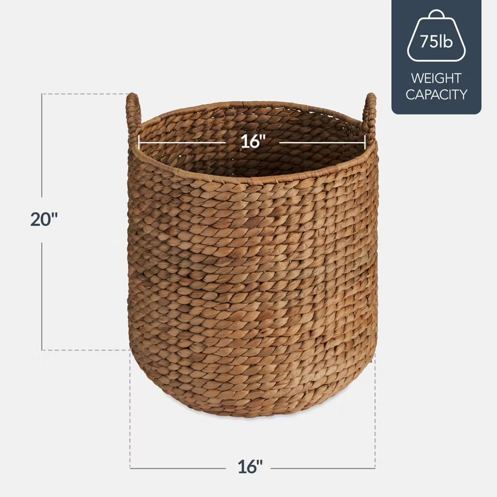 Round Storage Basket w/ Handles, Handwoven Water Hyacinth, Storage Organizer Tote - Natural - Image 3