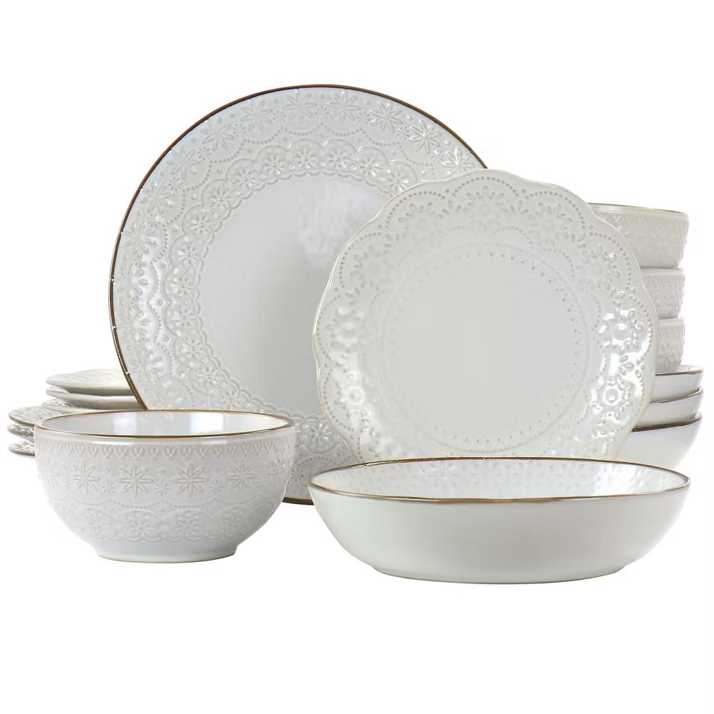 Countess 16 Piece Embossed Double Bowl Stoneware Dinnerware Set in Ivory - Image 2