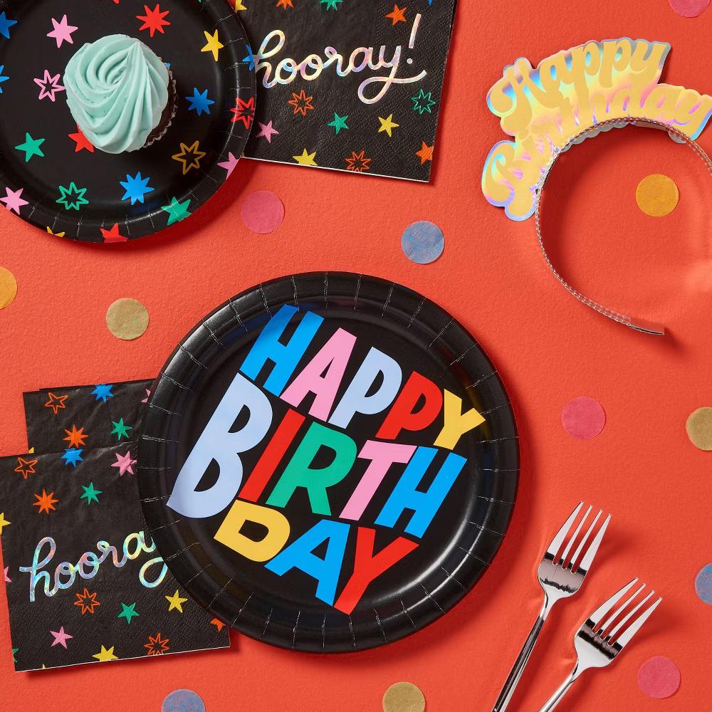 20ct "Happy Birthday" Black Dinner Paper Plates - Image 2