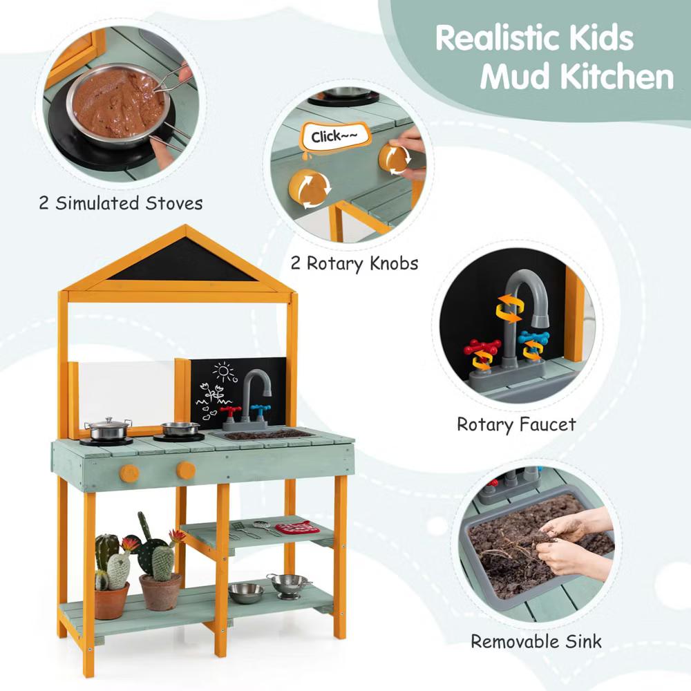 Kids Kitchen Playset Outdoor Mud Kitchen with Root Viewer Planter Removable Sink - Image 4
