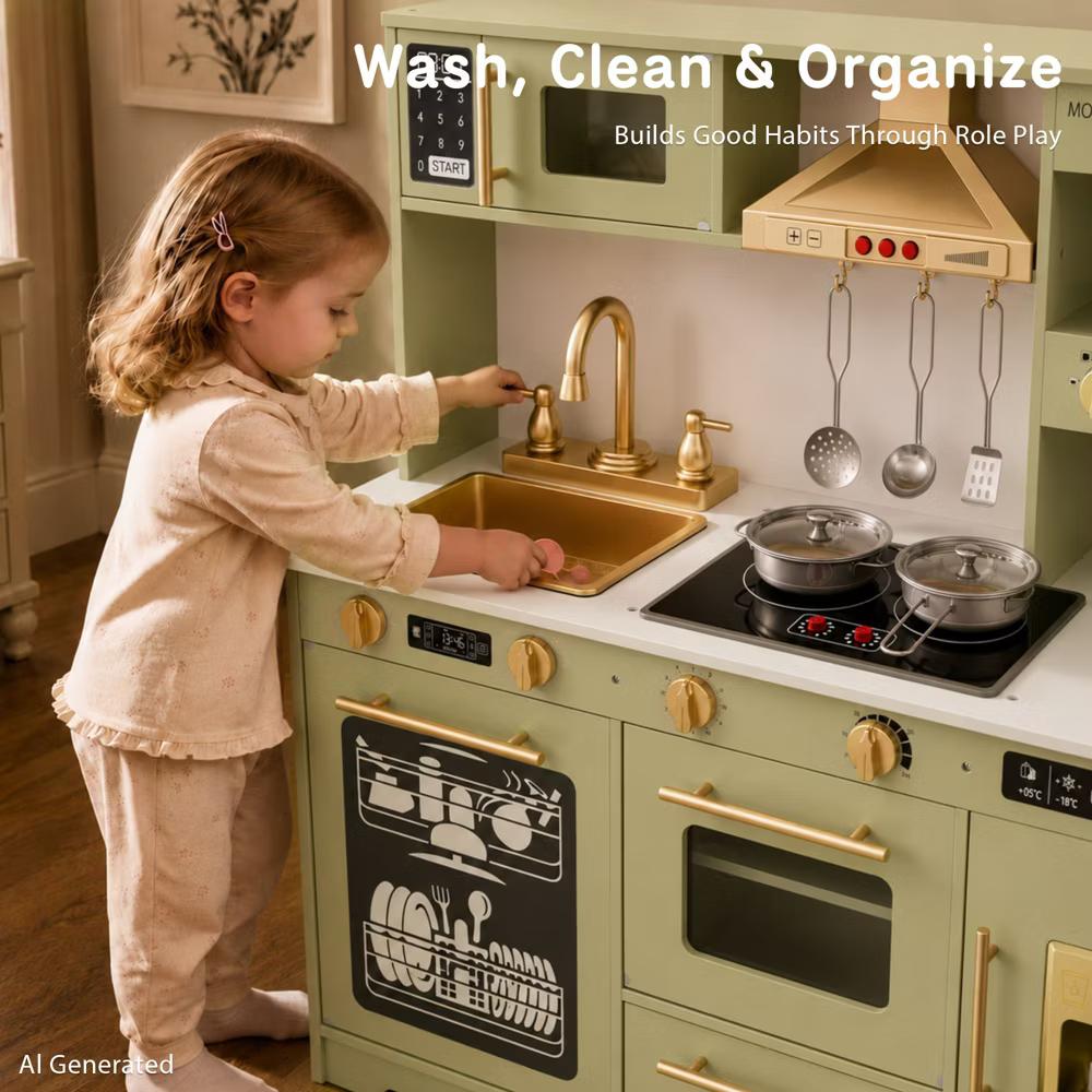 Wooden Play Kitchen for Kids with Running Water Sink, Interactive Stove, Ice Maker, Microwave, Oven & Dishwasher, Ages 3+ - Image 44
