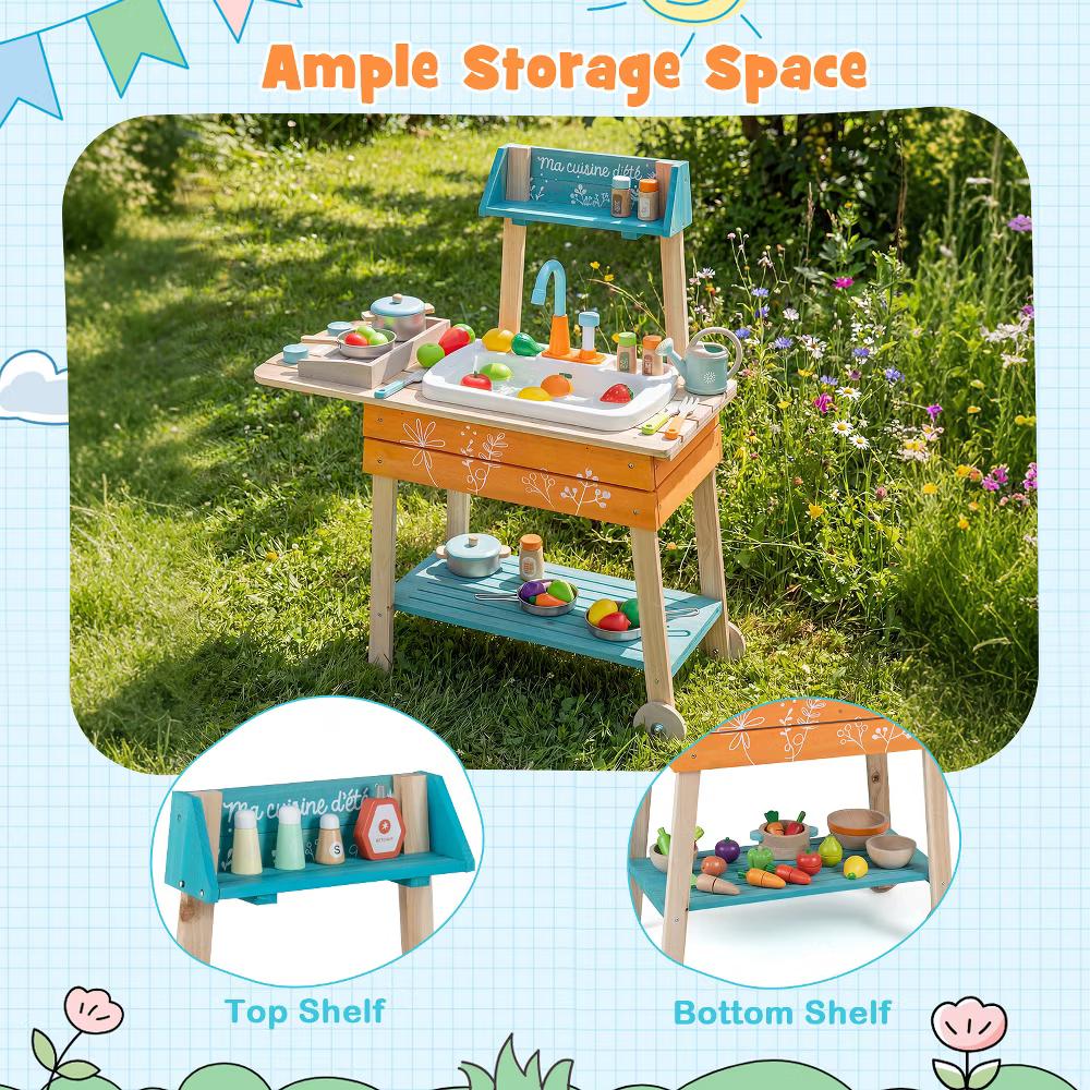 Outdoor Kids Play Kitchen Set, Wooden Toy Kitchen Playset with Removable Sink - Image 5