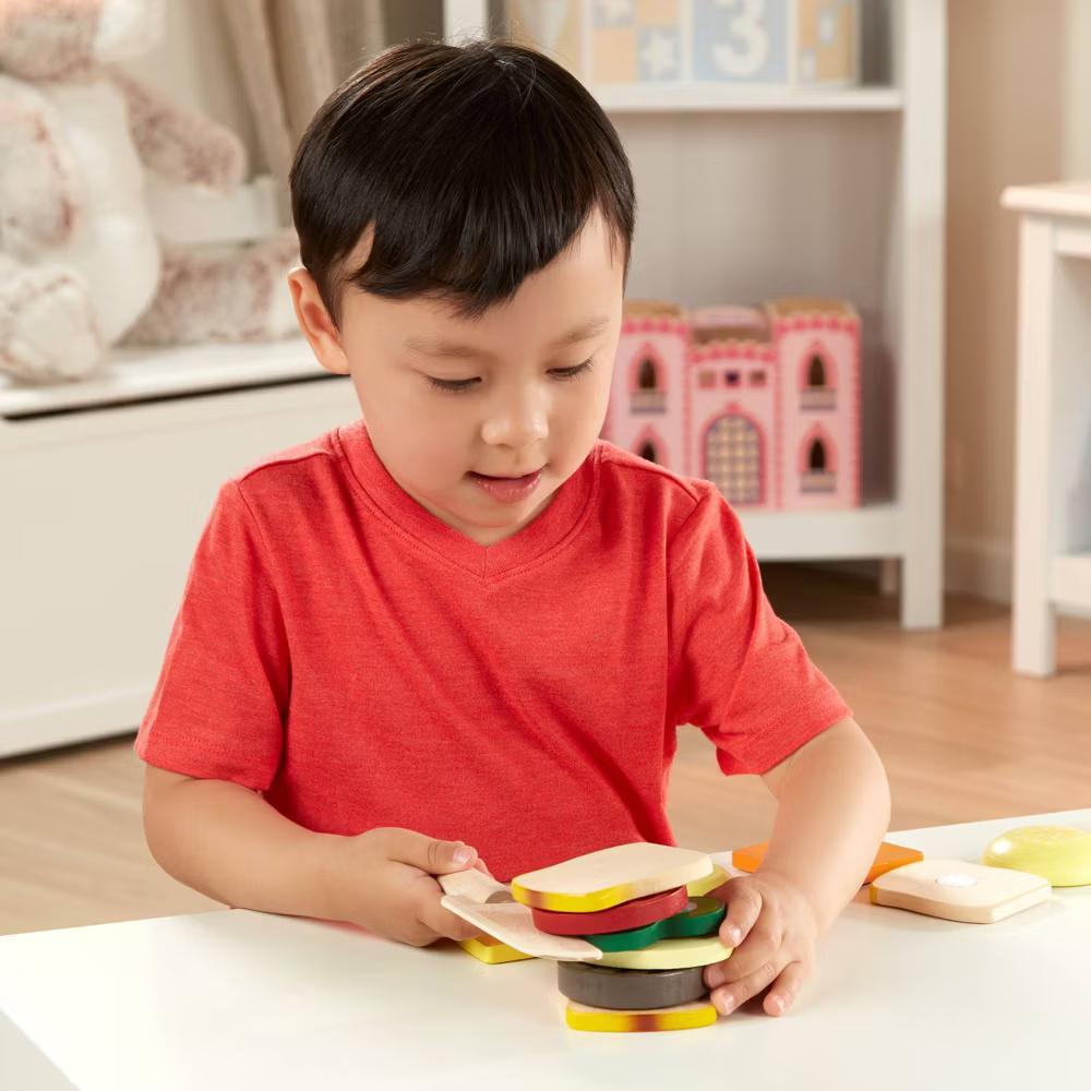 Wooden Sandwich-Making Pretend Play Food Set: Educational Toy with Stackable Pieces & Sound Effects - Image 3
