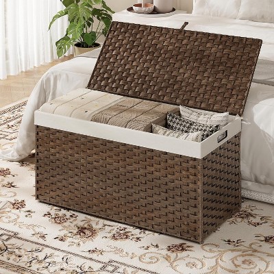 ACOINEL 52.8 Gallon (200L) Storage Basket with Lid, Handwoven Wicker Blanket Basket with Handles, Foldable Laundry Basket - Image 2