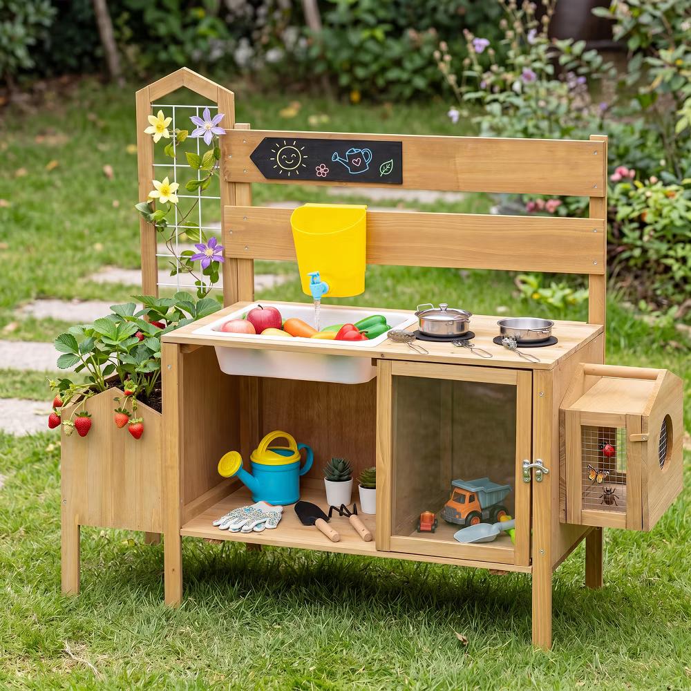 Mud Kitchen for Kids, Pretend Play Kitchen with Detachable Bird Cage,Trellis - Image 5