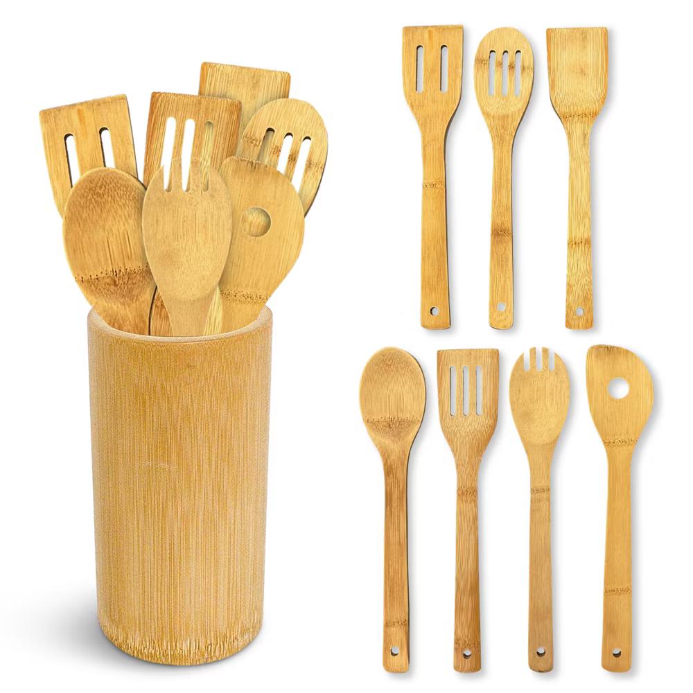 8pc Bamboo Cooking Utensils Set with Holder – Natural Wooden Spoons and Spatulas for Nonstick Pans - Image 2