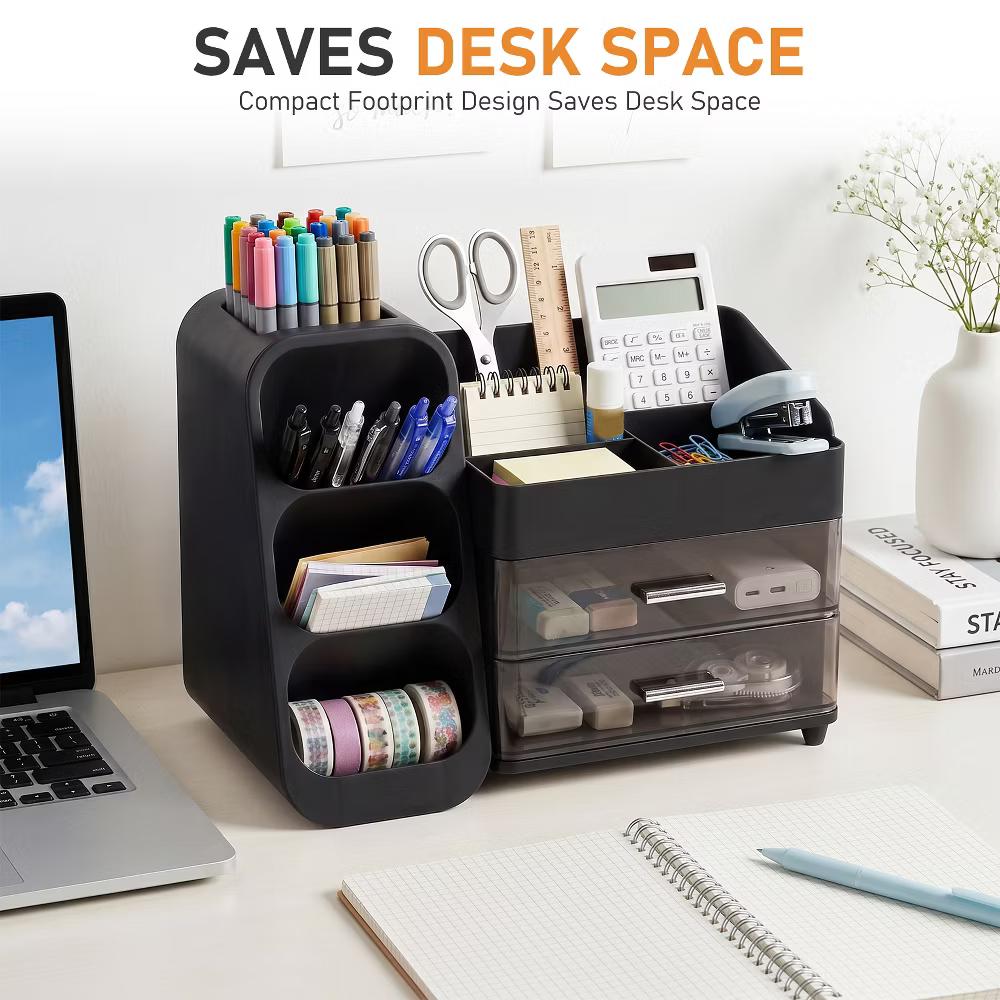Desktop Organizer with Pen Holder, Multi-Grid Stationary Storage Caddy with 2 Clear Drawers for Office Supplies & Makeup - Image 8