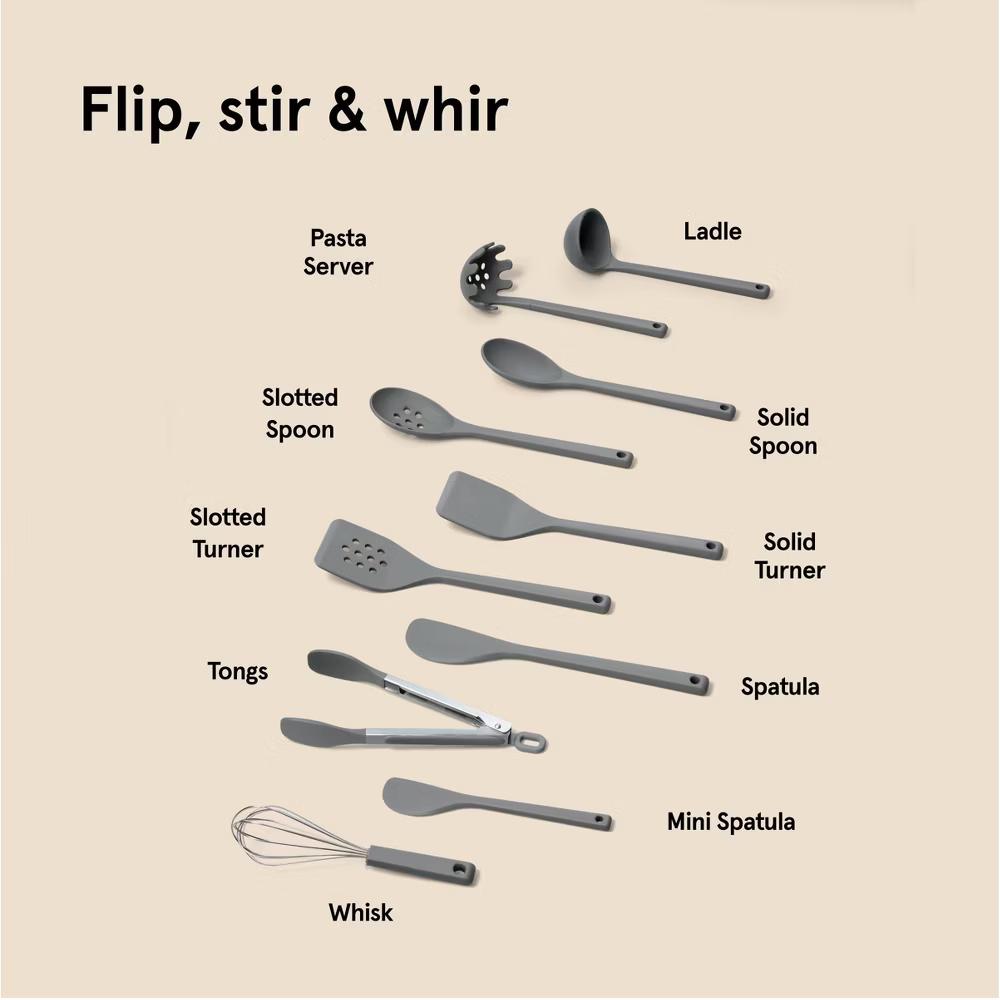 10pc Silicone Kitchen Utensil Set - Gray Cooking Utensils, Dishwasher-Safe, Includes Tongs & Whisk - Image 5