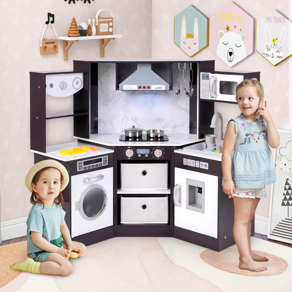 Wooden Kids Play Corner Kitchen with Realistic Lights & Sounds Lighted Range Hood Brown/Grey - Image 9