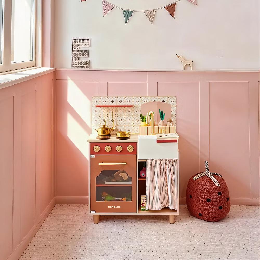 Mediterranean Play Kitchen for Toddlers - Wooden Kids Kitchen Playset with Cutting Food & Cookware - Image 9