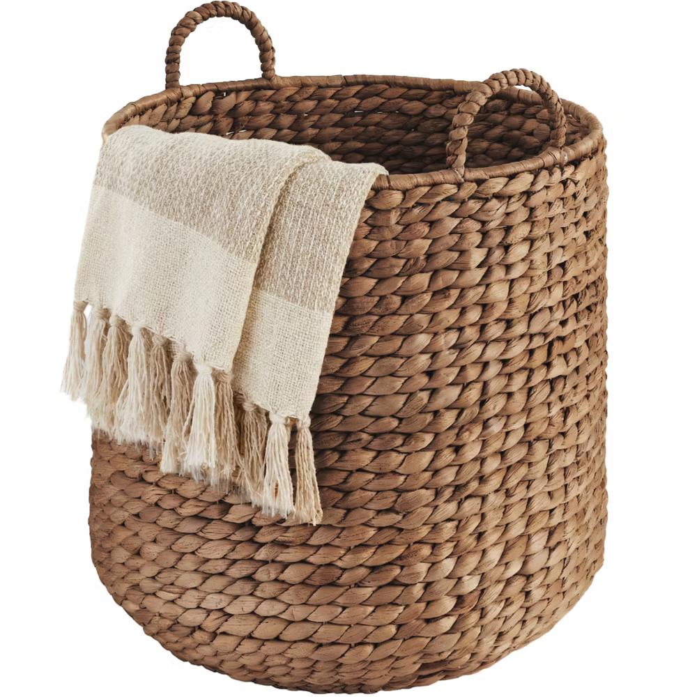 Round Storage Basket w/ Handles, Handwoven Water Hyacinth, Storage Organizer Tote - Natural - Image 9