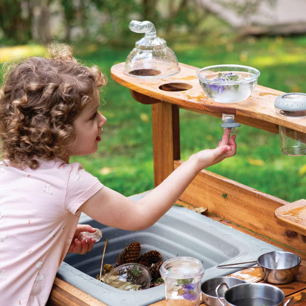 Guidecraft Acadia Kids' Outdoor Mud Kitchen Playset - Pretend Play Kitchen with Sink, Stove, and Accessories | Wooden Backyard Playset