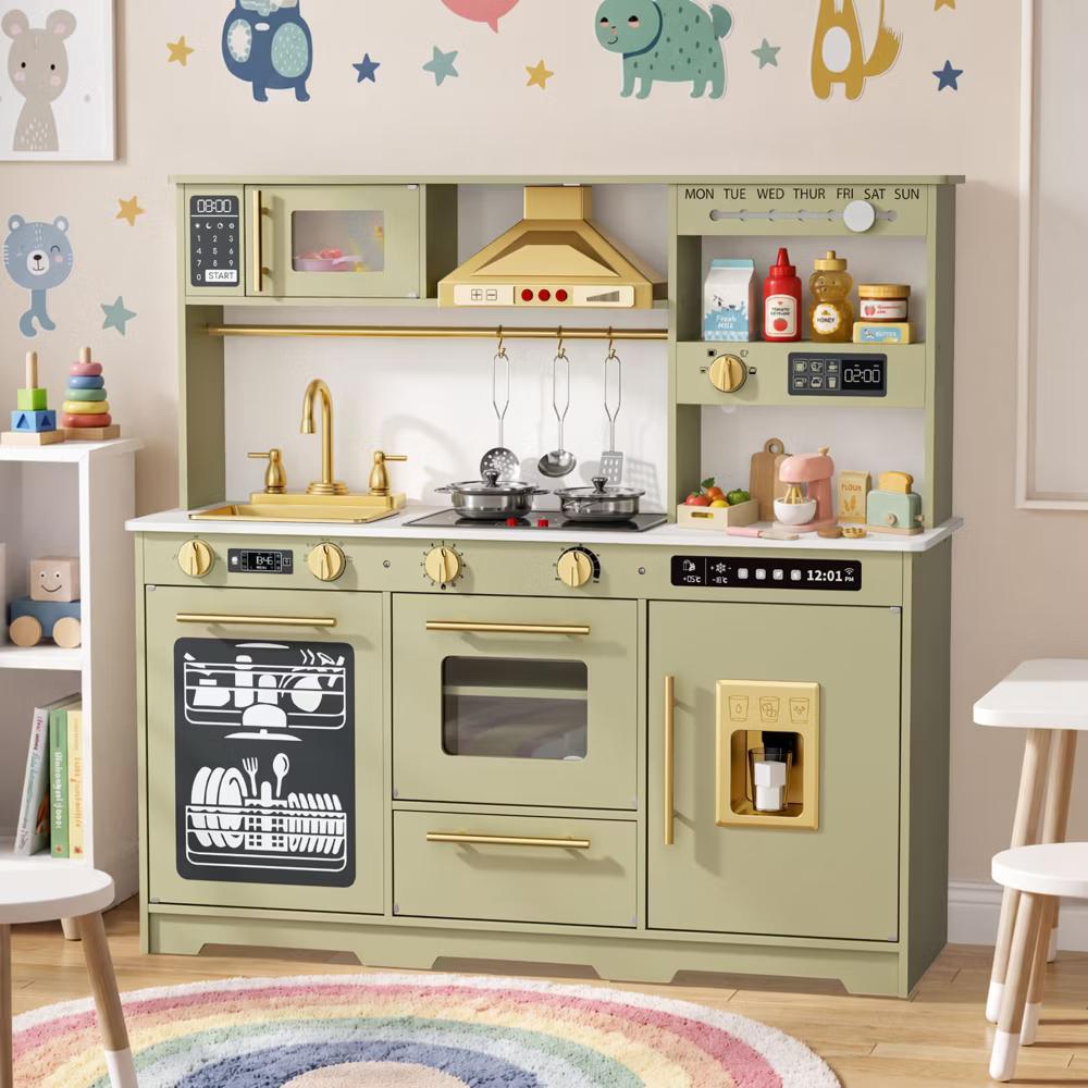 Wooden Play Kitchen for Kids with Running Water Sink, Interactive Stove, Ice Maker, Microwave, Oven & Dishwasher, Ages 3+ - Image 47