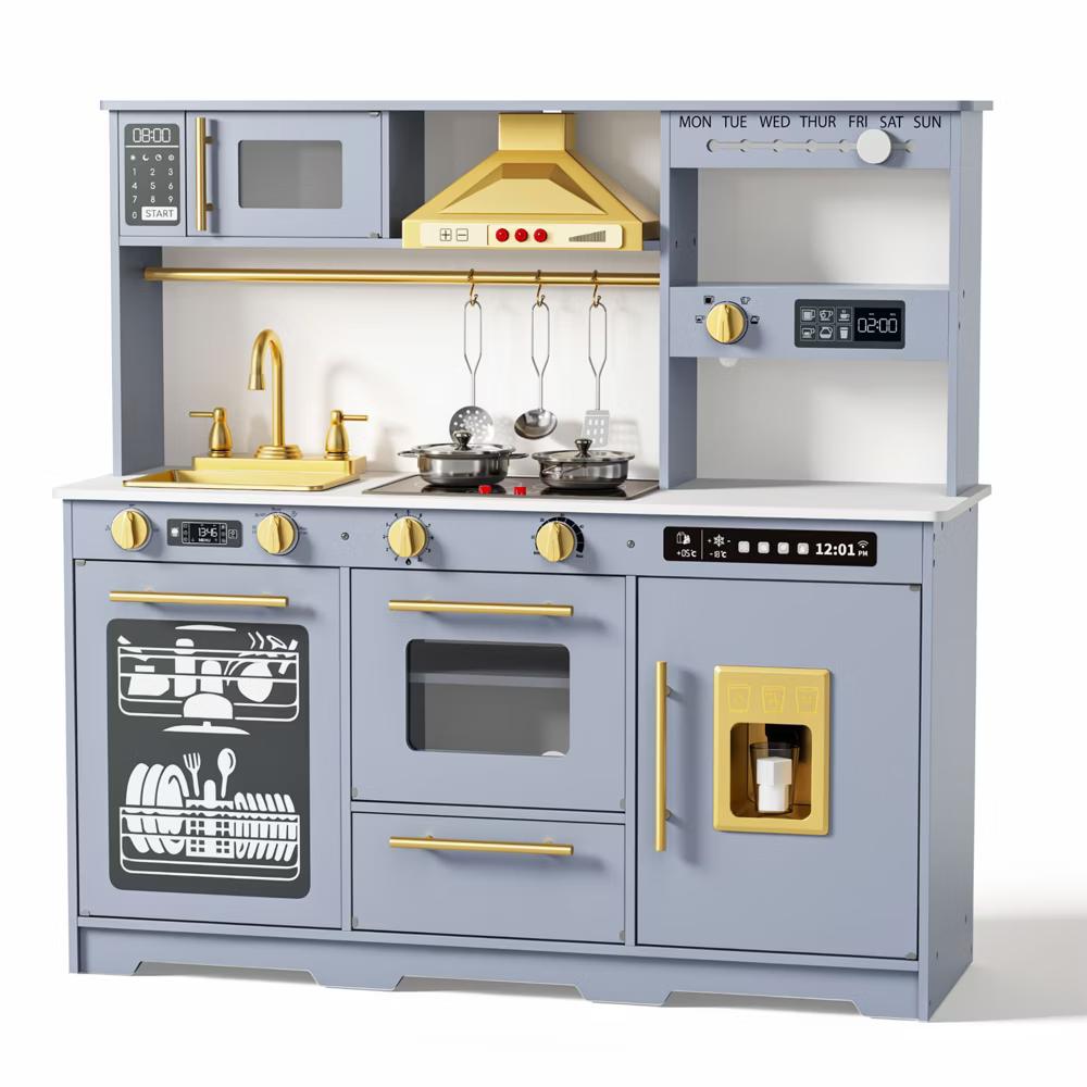 Wooden Play Kitchen for Kids with Running Water Sink, Interactive Stove, Ice Maker, Microwave, Oven & Dishwasher, Ages 3+ - Image 25