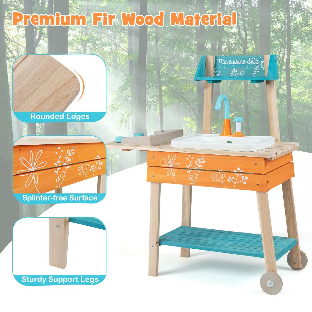 Outdoor Kids Play Kitchen Set, Wooden Toy Kitchen Playset with Removable Sink - Image 9