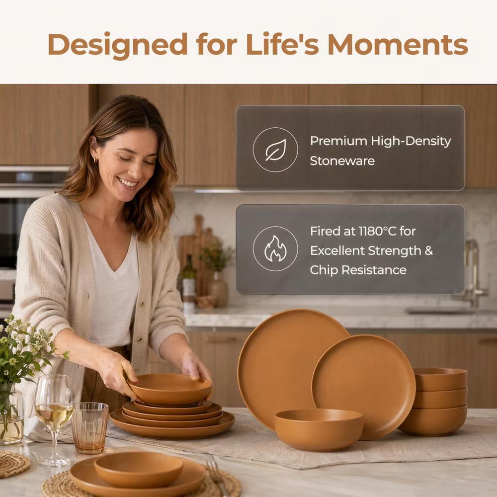 GreenElevate Stoneware Elegance 12-Piece Dinnerware Set for 4, Plates&Bowls, Microwave & Dishwasher Safe, Non-Toxic Matte Glaze, Stackable Kitchenware - Image 10