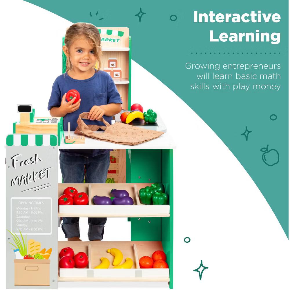 Kids Pretend Play Grocery Store Wooden Supermarket Set w/ Chalkboard, Cash Register - Red - Image 6