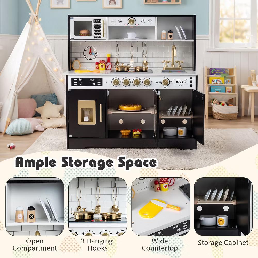 Play Kitchen for Kids, Wooden Kitchen Playset with Realistic Lights & Sounds White/Black - Image 3