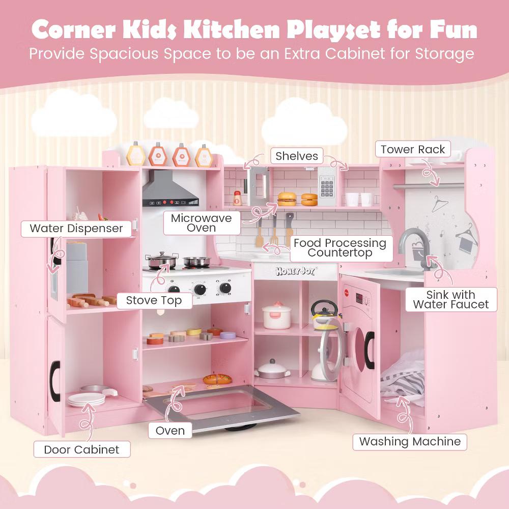 Corner Play Kitchen Toddler Kitchen Playset with Range Hood, Ice Maker, Microwave White/Pink - Image 23
