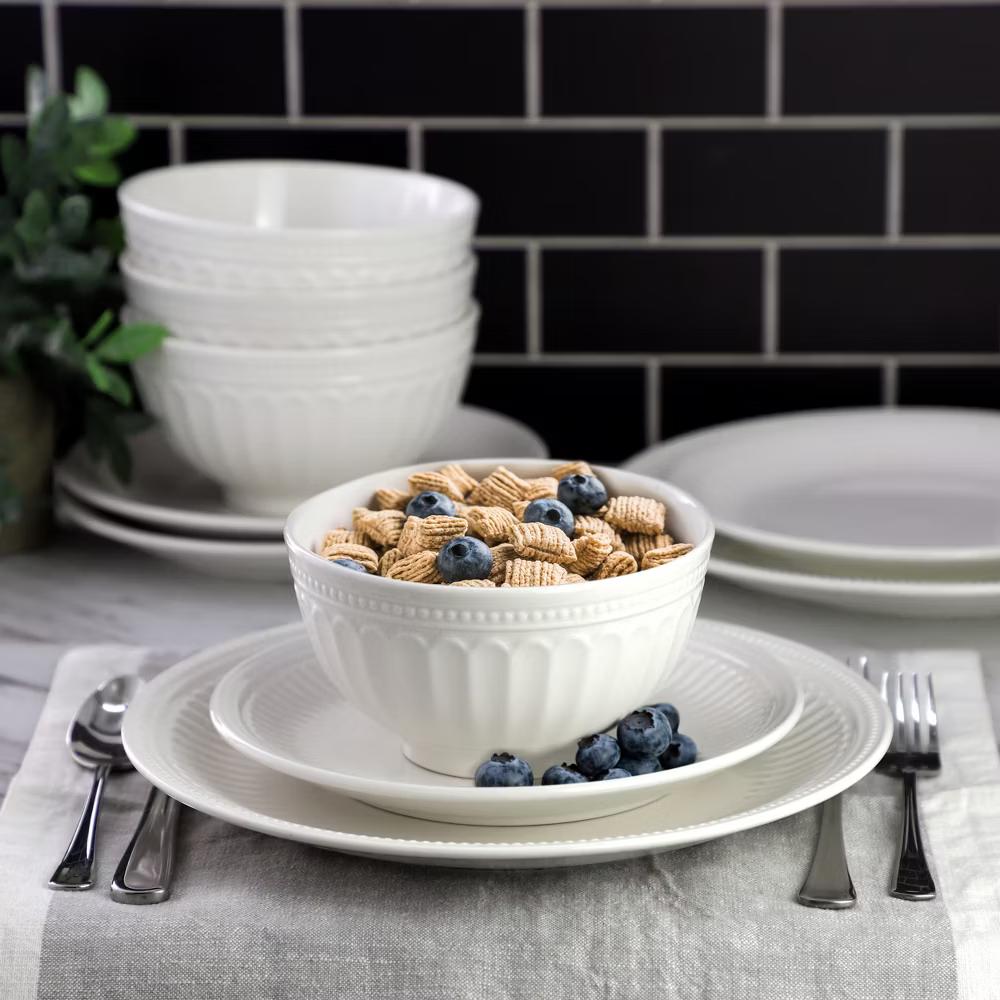 Embossed Arch and Dot Stoneware Dinnerware Set in White - Image 2