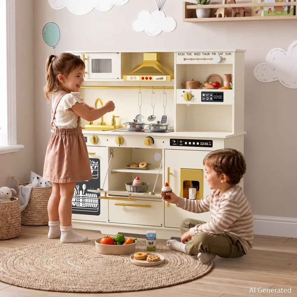 Wooden Play Kitchen for Kids with Running Water Sink, Interactive Stove, Ice Maker, Microwave, Oven & Dishwasher, Ages 3+ - Image 3