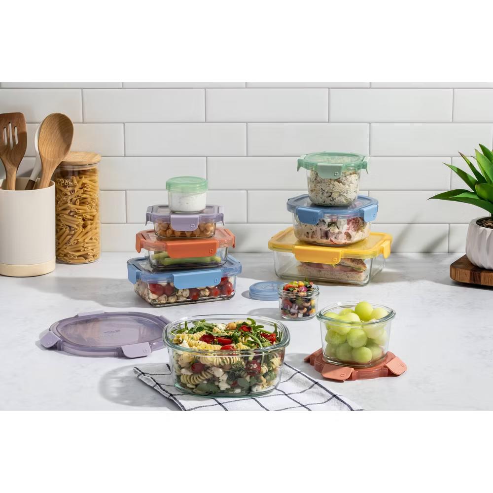 20pc Color Lock Mixed Food Storage Container Set: Glass & Polypropylene, Multicolored, Microwave & Oven-Safe