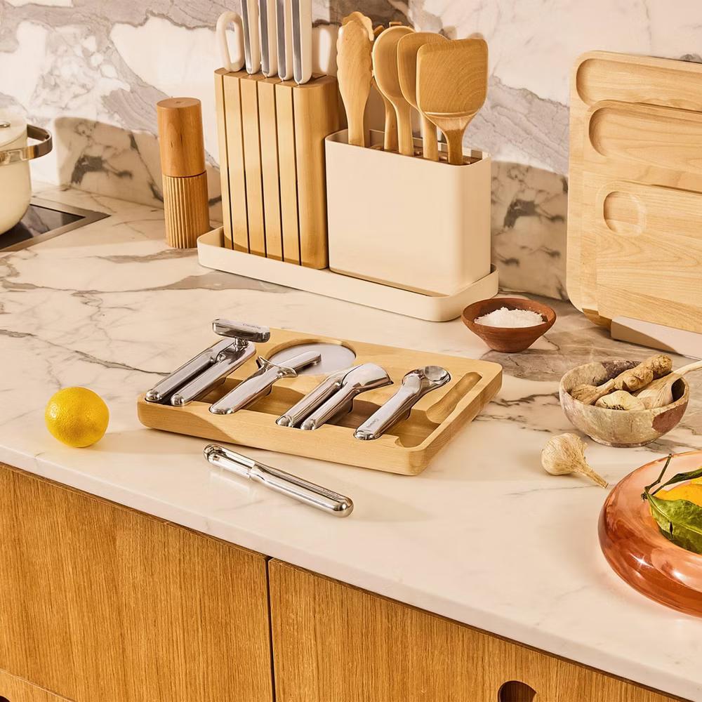 Caraway Home 6pc Kitchen Gadget Set: Stainless Steel Utensils, Includes Peeler, Pizza Cutter, Can Opener, Silver Holder