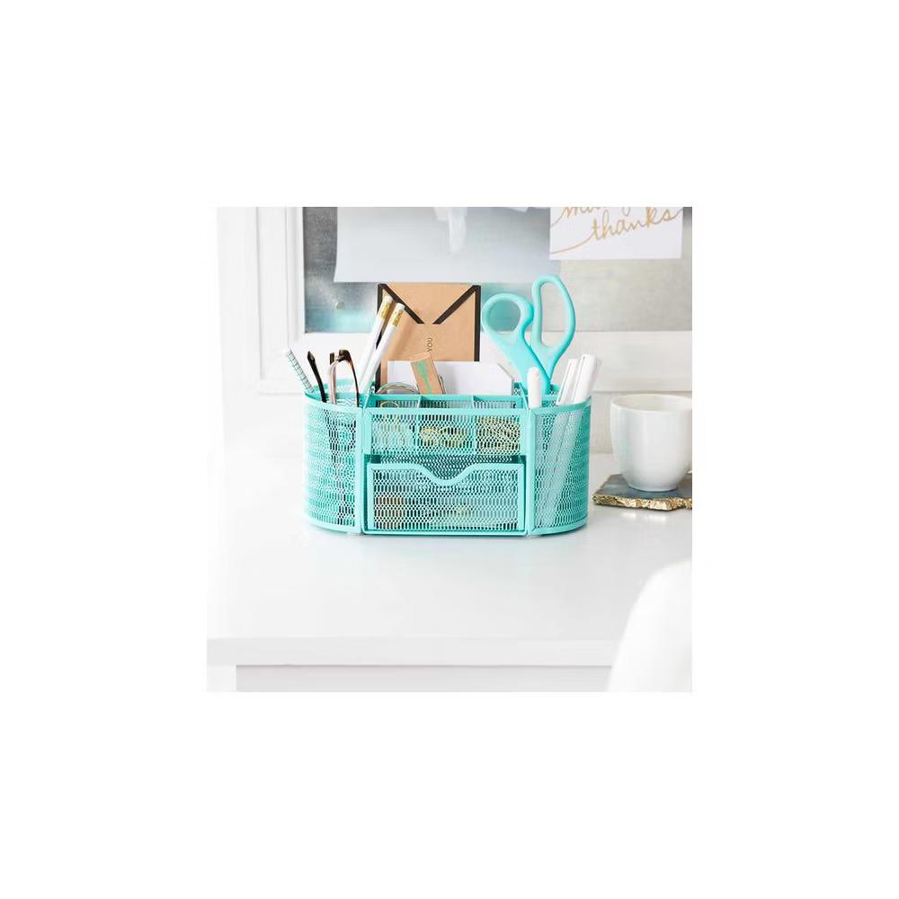 Blu Monaco Small Metal Mesh Desk Organizer with Drawer - Available in Aqua, Gold, and Pink - Image 6