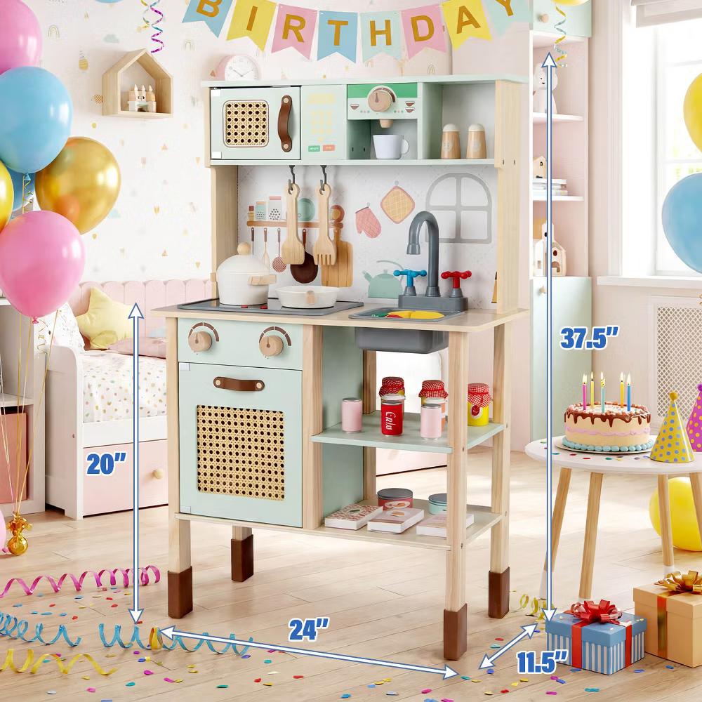 Kids Play Kitchen Wooden Pretend Kitchen Playset w/ Rattan Doors Wood Legs - Image 10