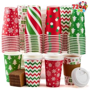 72-Pcs Christmas Disposable Cups – 16 oz Holiday Drinkware with Lids & Sleeves (4 Festive Designs)